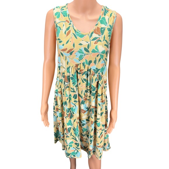 bombom Dresses & Skirts - BOMBOM Yellow Green Floral Leaf Print Babydoll Dress Small DA1408 USA Made